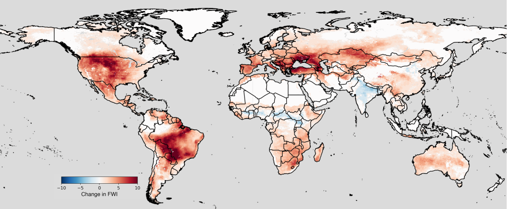 Witness a captivating cartographic revelation: behold a mosaic of hues ranging from passionate red to serene blue, unveiling the dynamic evolution of the "fire weather index" (FWI) by 2045. This intricate metric weaves together factors such as scanty rainfall and vigorous winds, painting a picture of regions' vulnerability to intensified fire conditions. The color spectrum conveys a powerful message – red symbolizes the rise of extreme fire weather, while blue signifies a diminishing threat